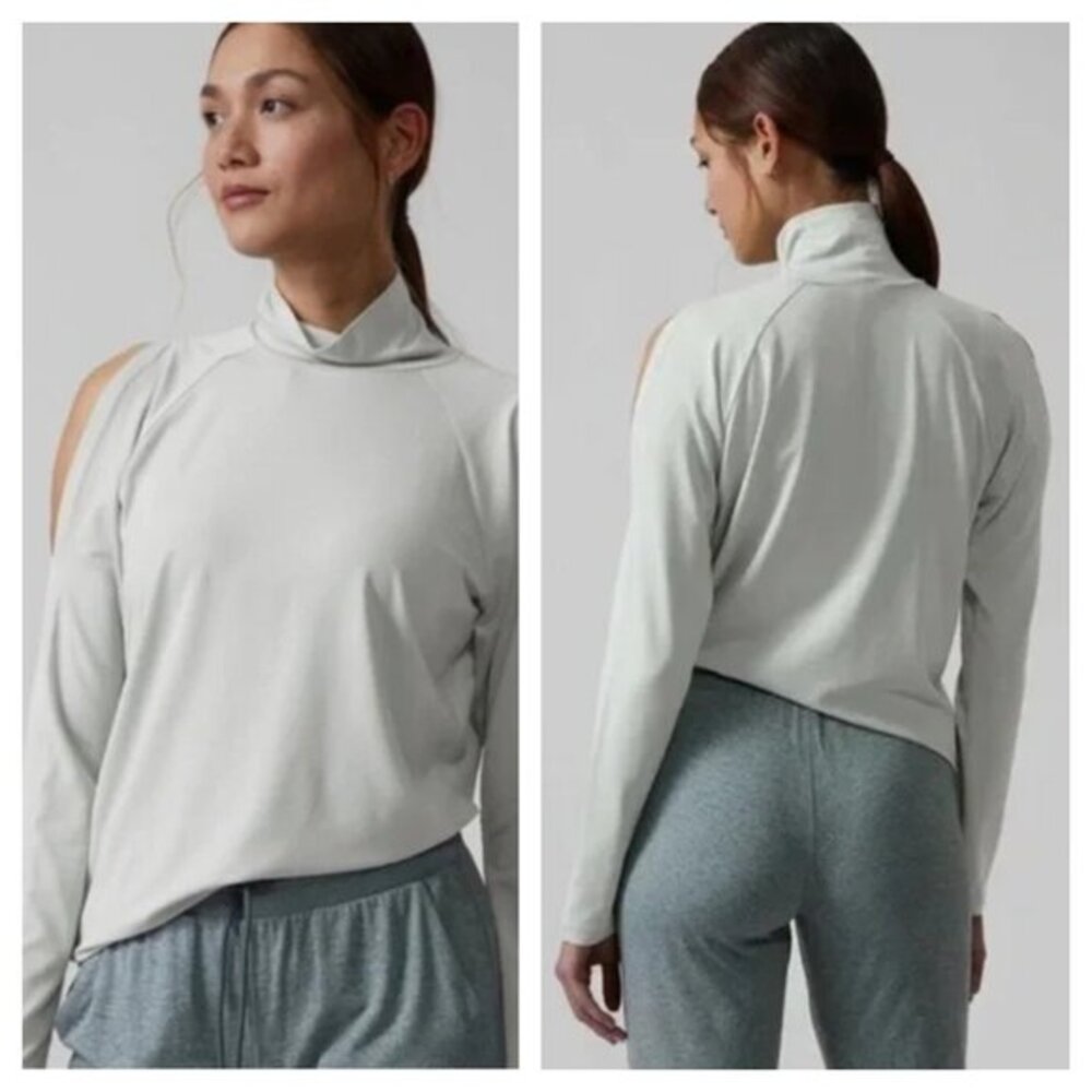 Athleta Cold Shoulder Turtleneck Top L Coast Gray/Blue